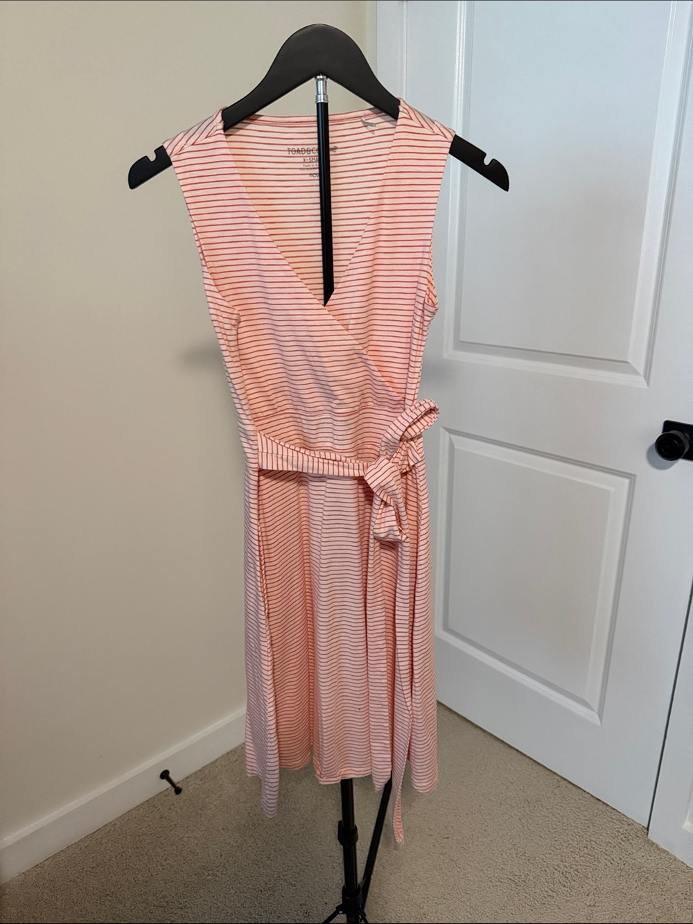 Toad&Co Coral and White Striped Wrap Dress with Tie